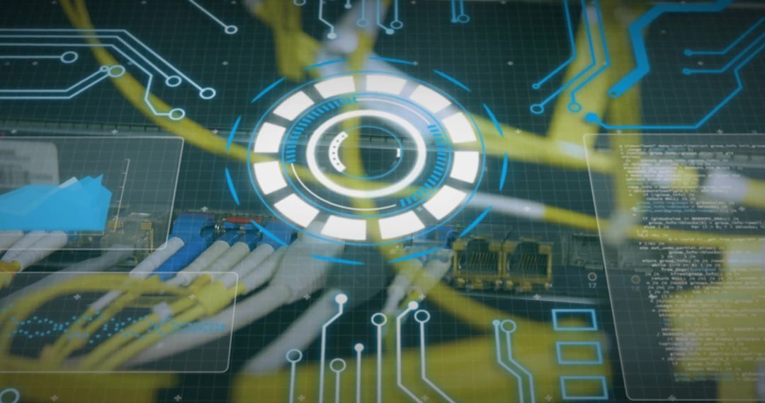 Futuristic Digital Interface Overlaid on Computer Circuitry