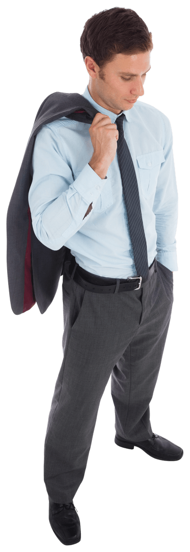 Confident Young Professionally Dressed Man with Jacket Slung Over Shoulder Transparent