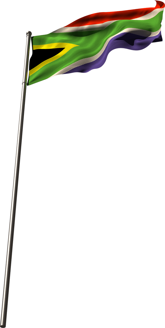 Transparent South African Flag Waving on Flagpole