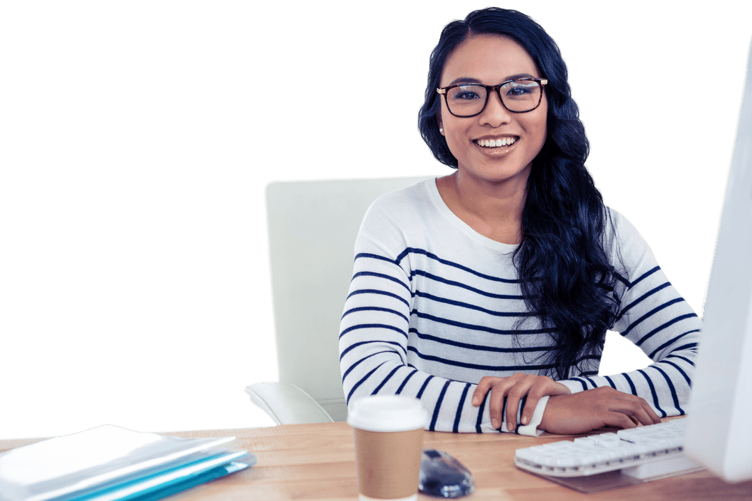 Transparent Background Portrait of Asian Woman at Desk Smiling in Office Setting