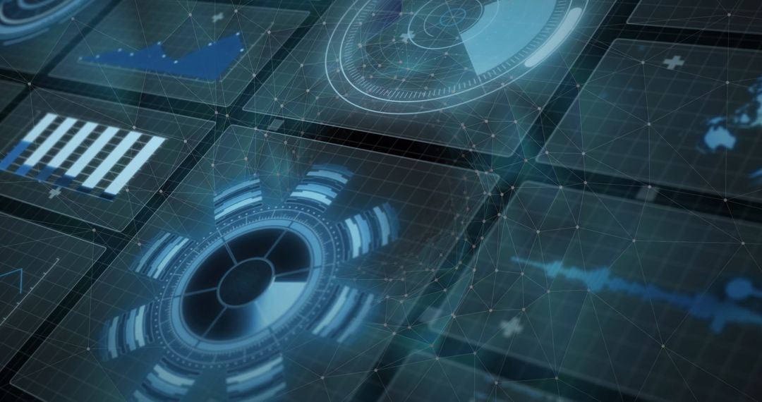 Futuristic Digital Data Processing on Multiple Screens Grid