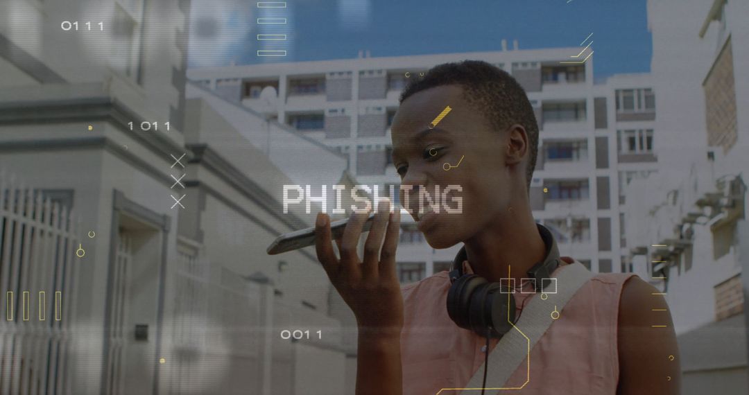 Woman Communicating via Smartphone with Digital Phishing Overlay