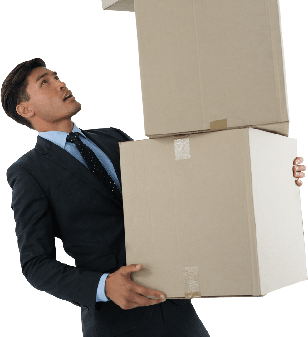 Businessman Balancing Cardboard Boxes Transparent Background