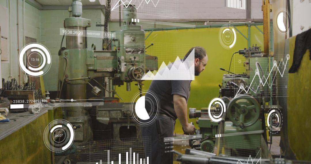 Caucasian Mechanic Operating Machinery with Digital Graphs Overlay