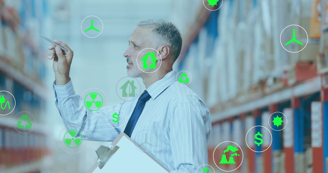 Warehouse Manager with Digital Eco-Friendly Interface Icons