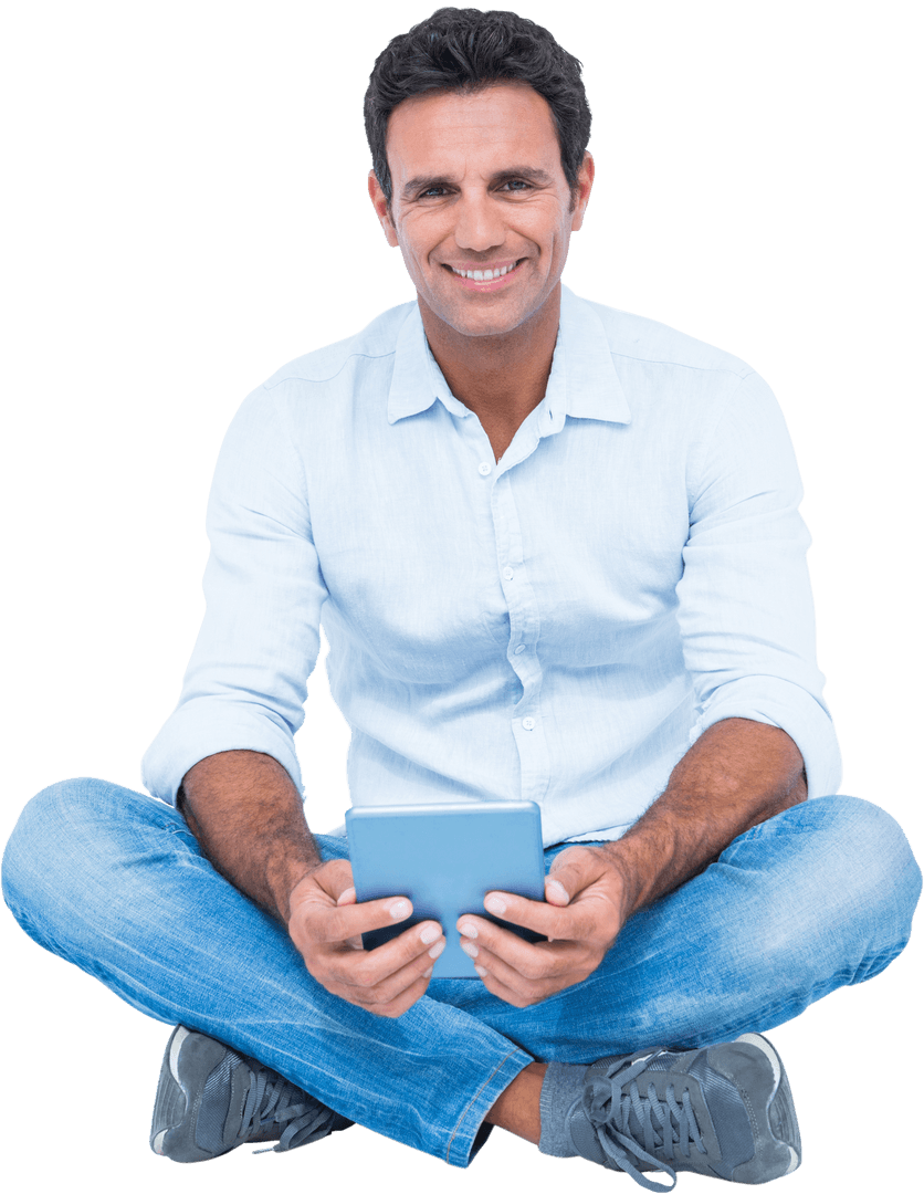 Smiling Man Sitting Cross-Legged Holding Transparent Tablet