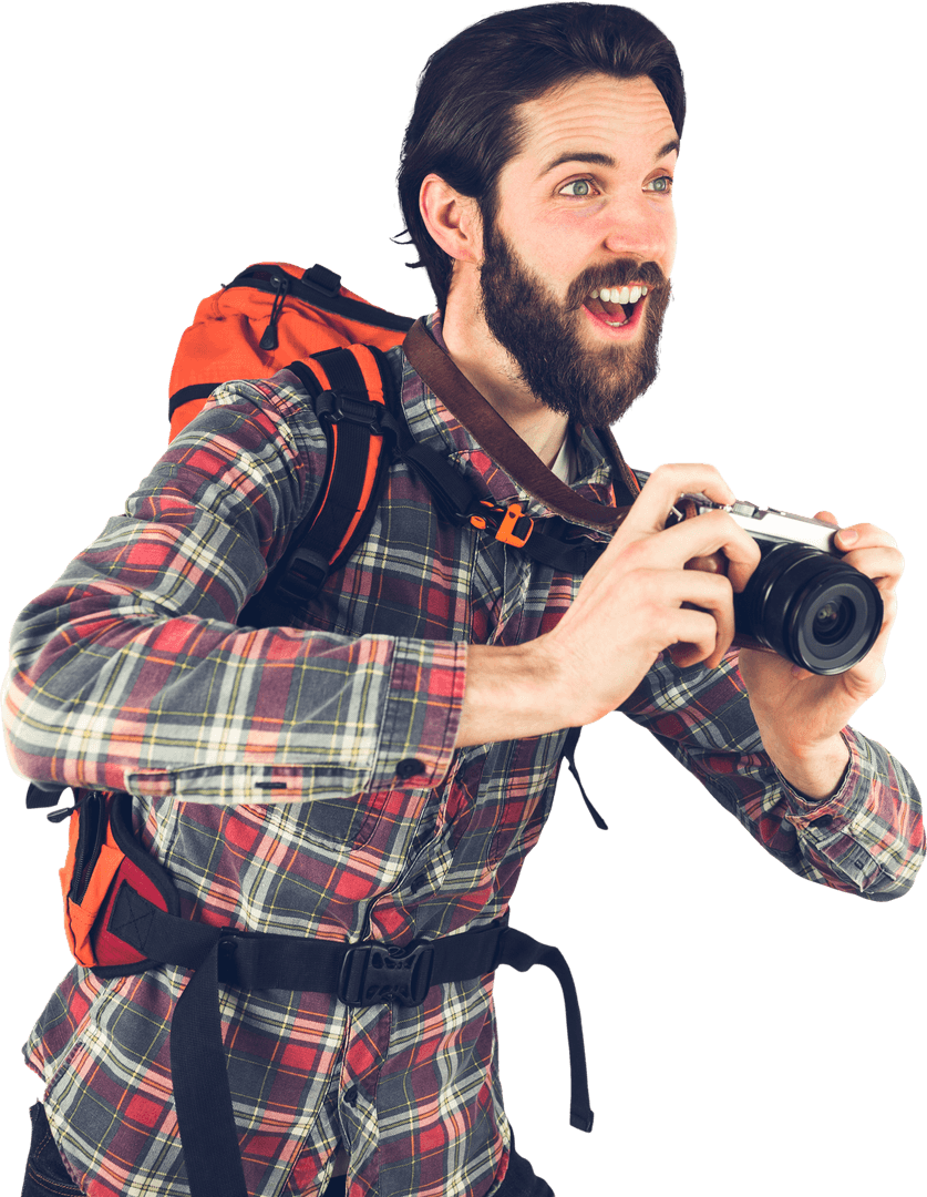 Bearded Man Joyfully Capturing Moments with Camera on Hike Transparent