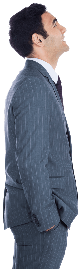 Biracial Businessman Smiling Upward on Transparent Background