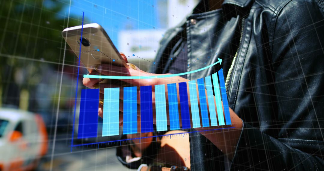 Tech-Savvy Professional Analyzing Data with Smartphone Interface