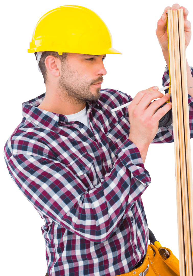 Handyman Measuring and Marking Wooden Plank with Tape on Transparent Background