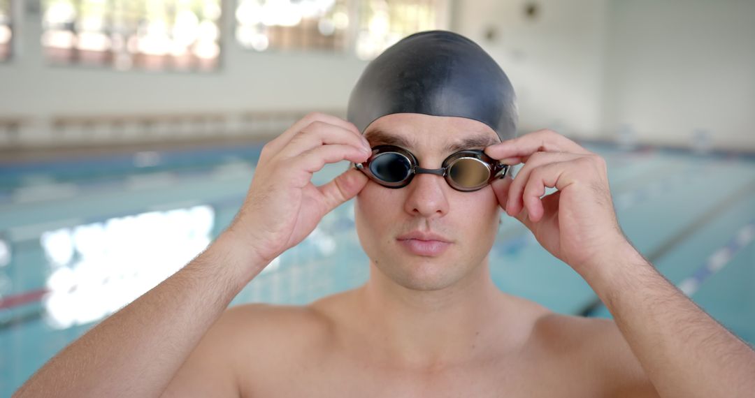 Confident Male Swimmer Adjusting Goggles by Poolside