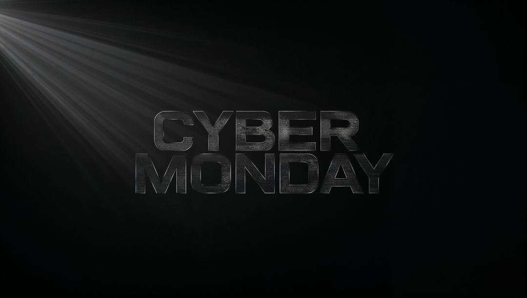 Cyber Monday metallic 3D lettering with top-left spotlight beams and cinematic grain vignette