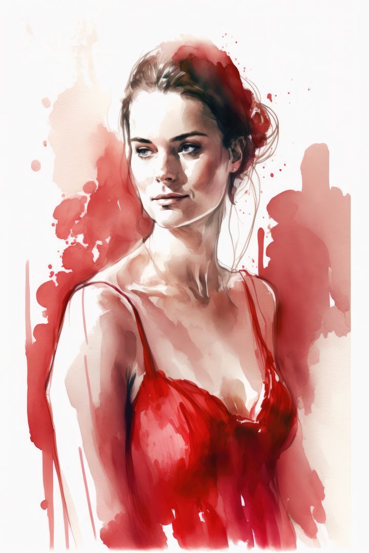 Watercolor Portrait of Woman in Red Dress With Creative Brush Stroke - Free Images, Stock Photos and Pictures on Pikwizard.com