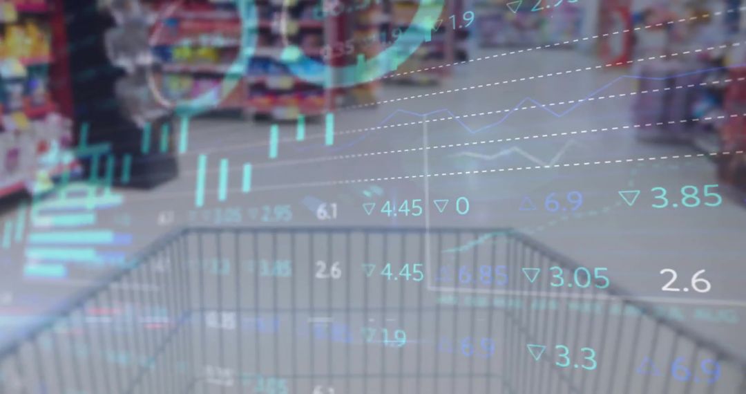 Financial Data Overlay on Shopping Cart in Grocery Aisle