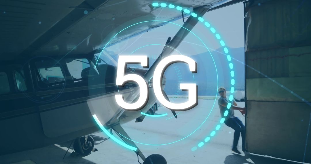 5G Digital Connection Overlaid on Airplane Background
