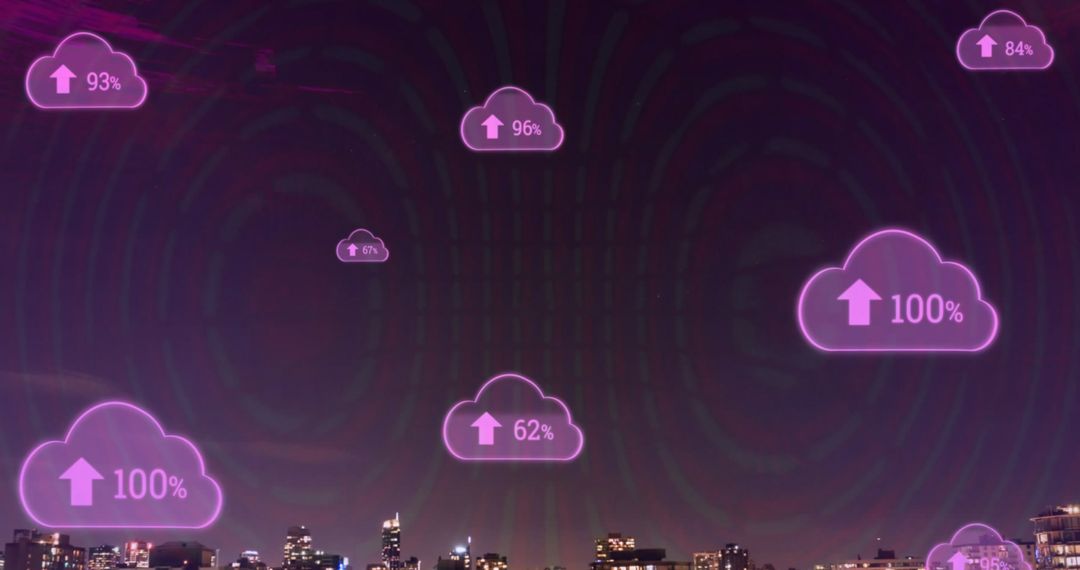 Digital Cloud Icons over Cityscape Indicating Data Transfer