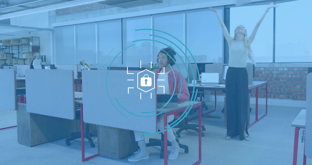 Coworkers collaborating in open-plan office with digital lock overlay symbolizing privacy