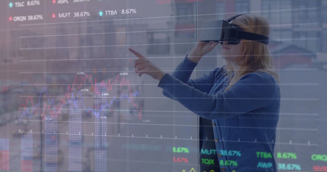 Woman Engaging with Virtual Data through VR Headset