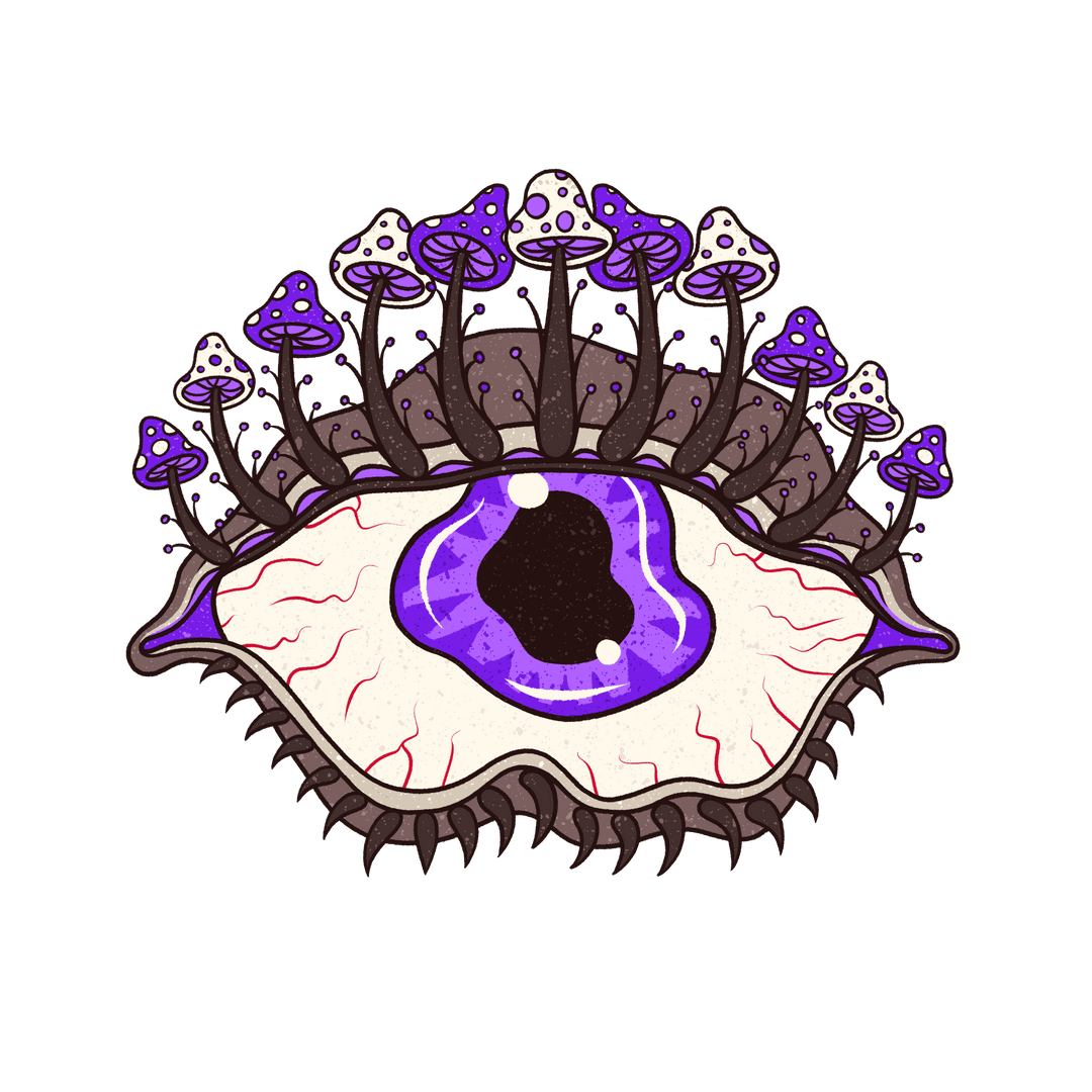 Surreal Eyeball with Purple Mushrooms on Transparent Background