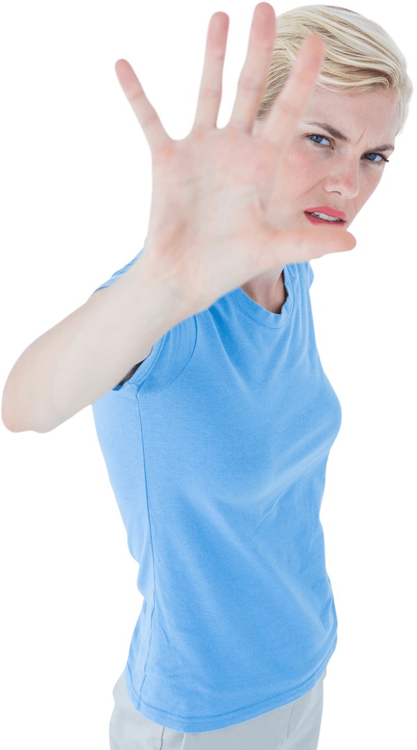 Angry Caucasian Woman Blocking View with Hand Transparent Background