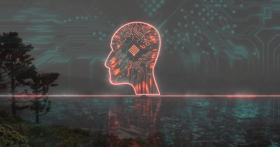 Futuristic Neon Head with Glowing Circuits Over Landscape