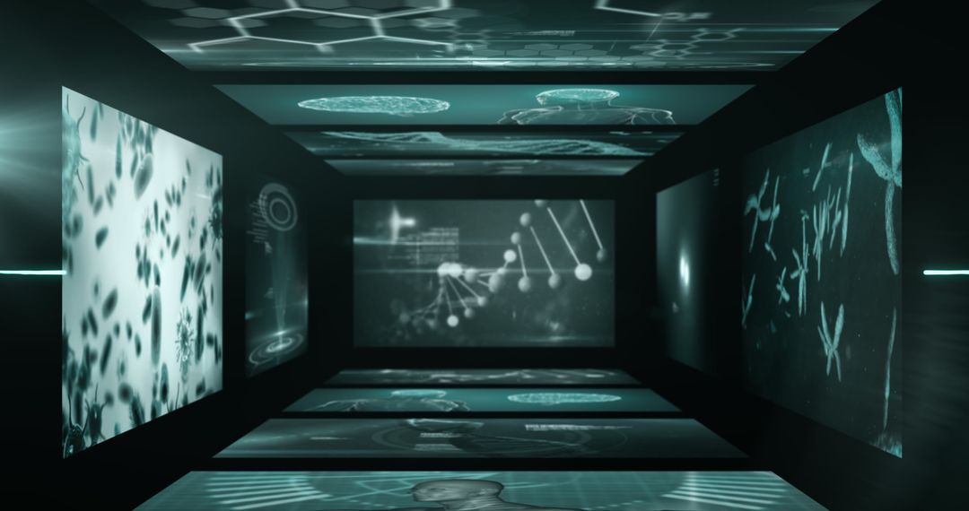 Futuristic DNA Strand with Rotating Visuals in Virtual Environment