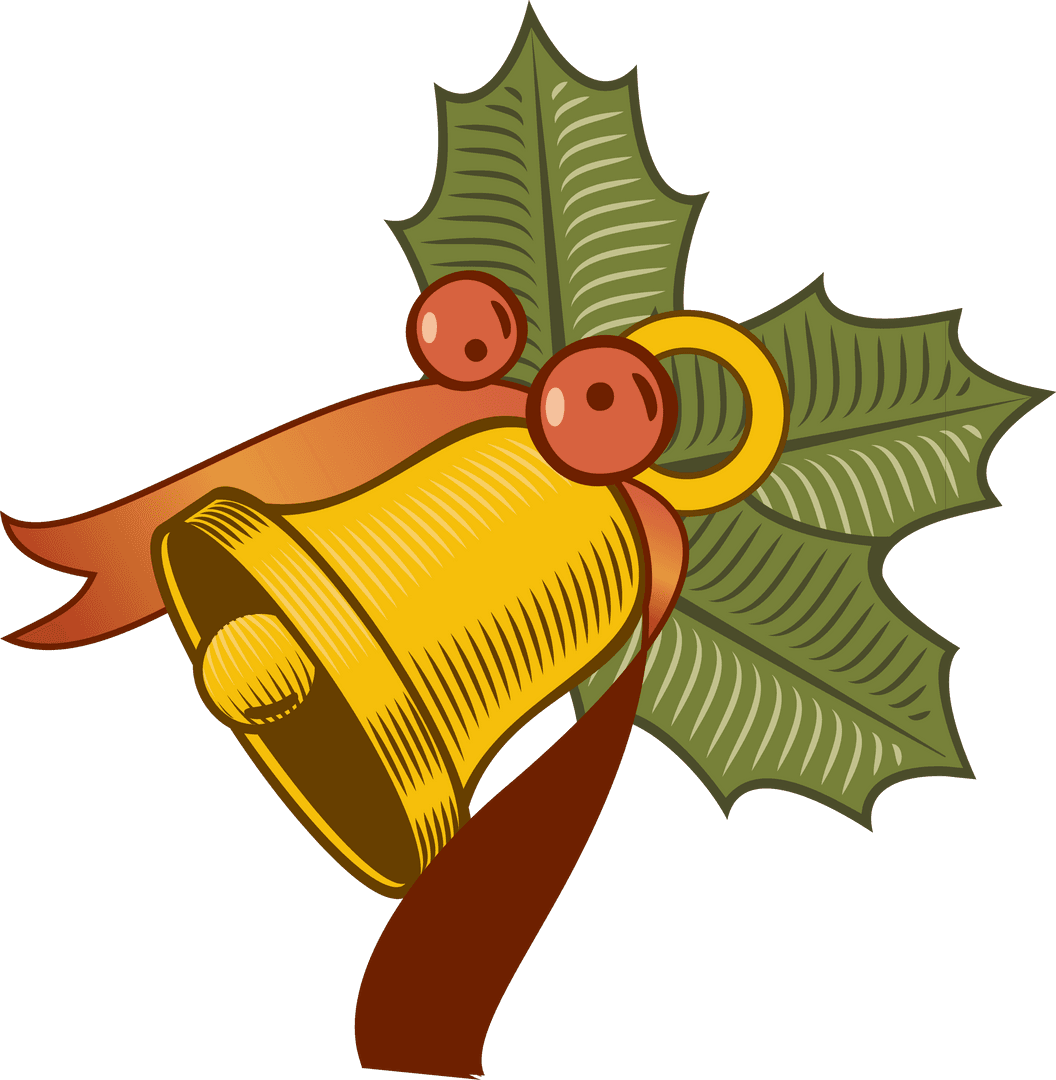 Golden Bell with Holly and Ribbon on Transparent Background Christmas Decoration