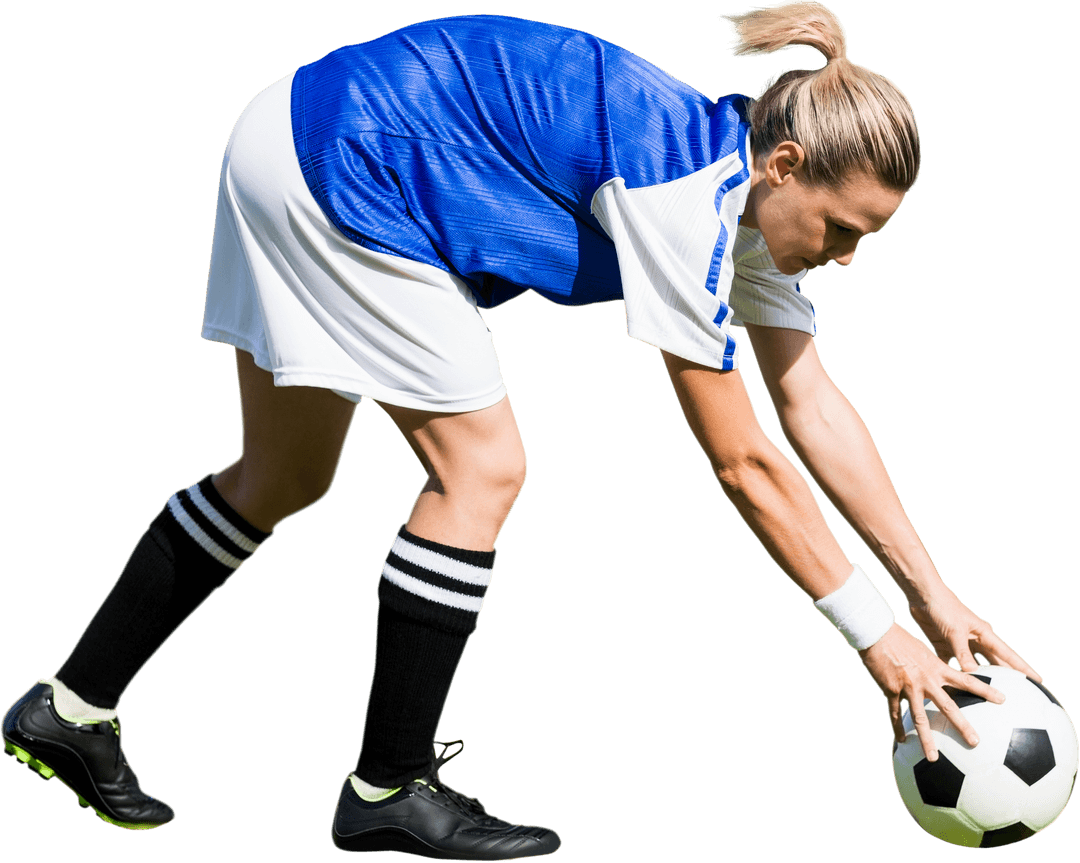 Female Soccer Player Holding Ball Isolated on Transparent Background
