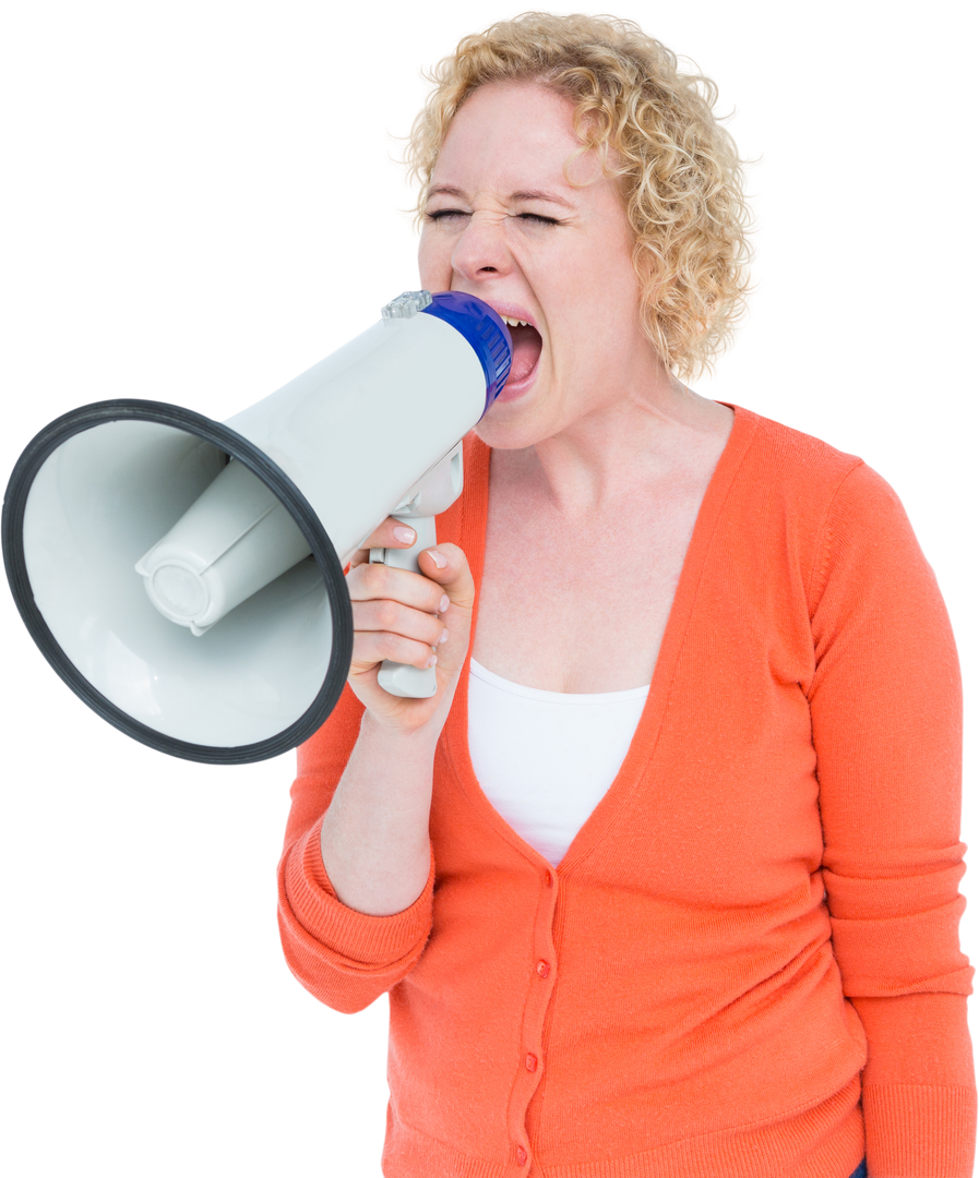 Blonde Woman with Curly Hair Shouting into Transparent Megaphone - Download Free Stock Images Pikwizard.com