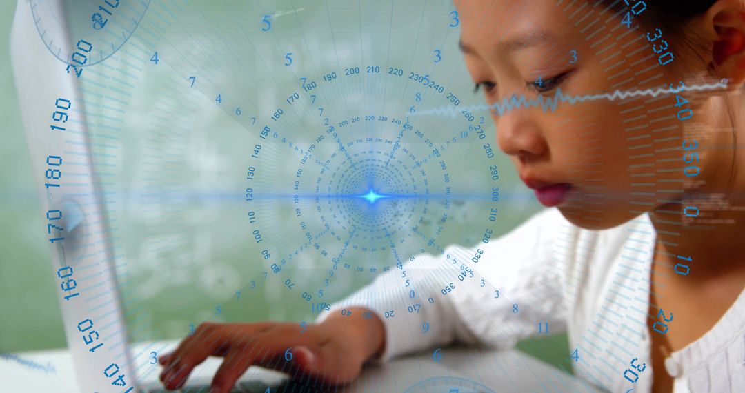 Student typing on laptop with futuristic HUD overlay and digital data visualization