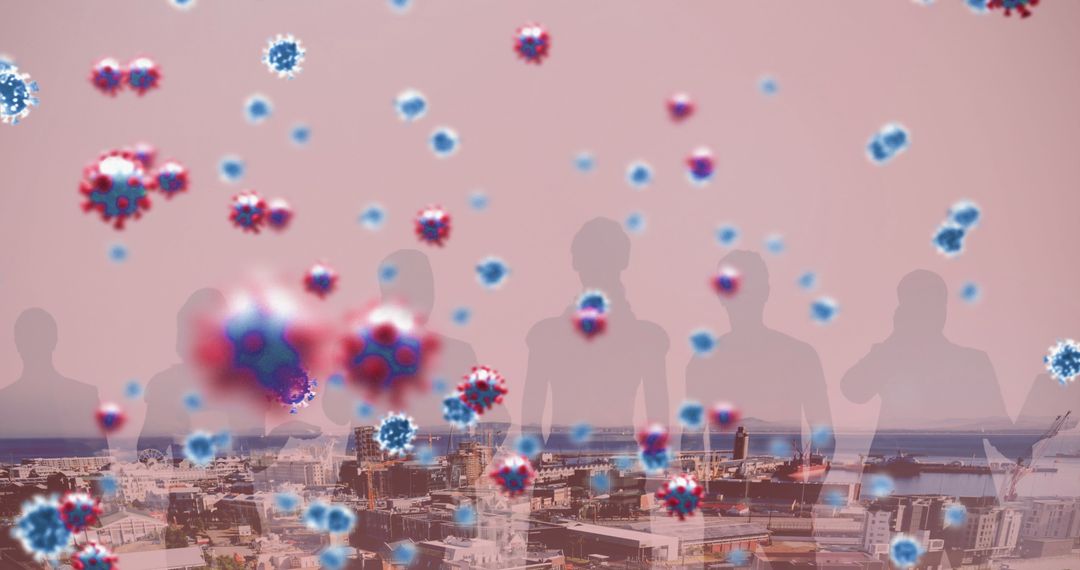 COVID-19 Virus Cells Hovering over Cityscape with Silhouetted People