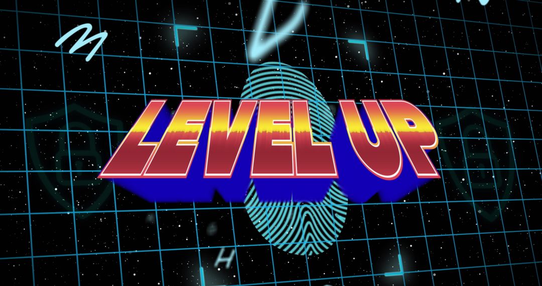 Retro Level Up Graphic with Fingerprint and Grid Background
