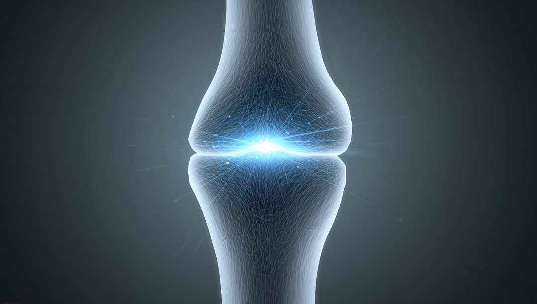 Stylized Wireframe Knee Joint Highlighting Cartilage and Synovial Space with Blue Glow