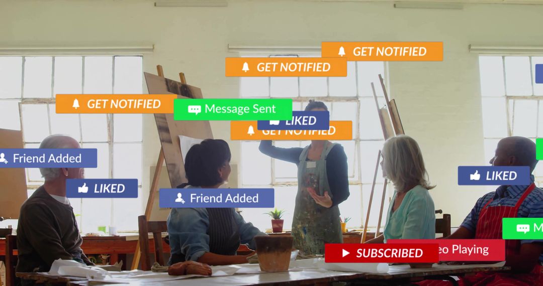 Instructor Leading Art Class in Studio with Digital Media Overlay