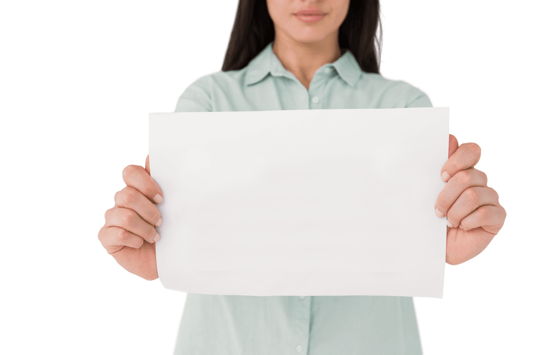 Focused Woman Holding Blank Sign with Transparent Background for Mockup
