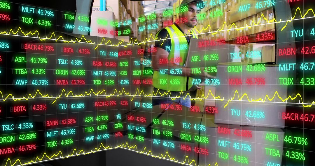 Professional Worker Analyzing Virtual Stock Ticker in Corporate Environment