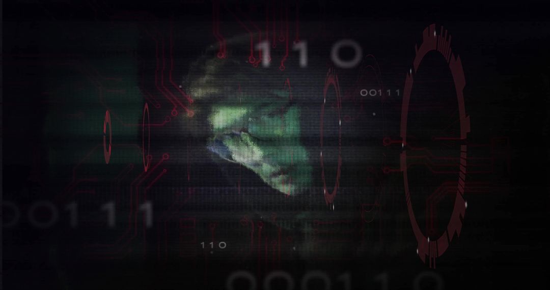 Futuristic Hacker Head Surrounded by Digital Binary Code