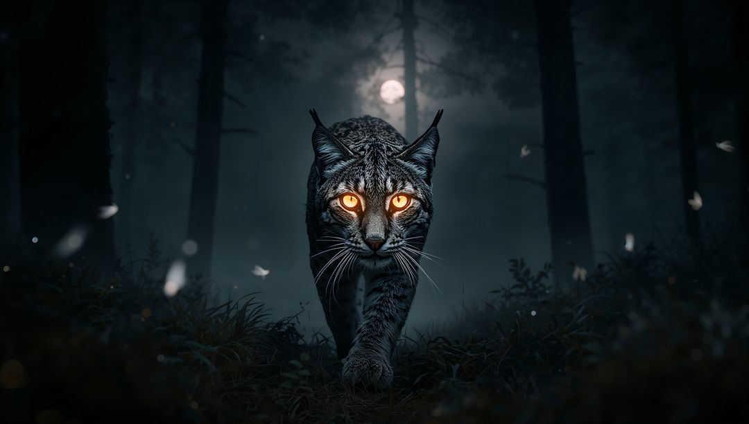Moonlit lynx prowling misty forest with glowing amber eyes, cinematic nocturnal predator