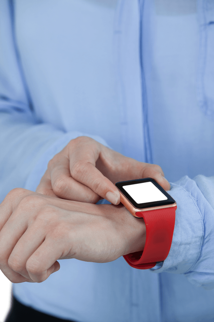 Midsection of person using red-banded smartwatch with transparent background