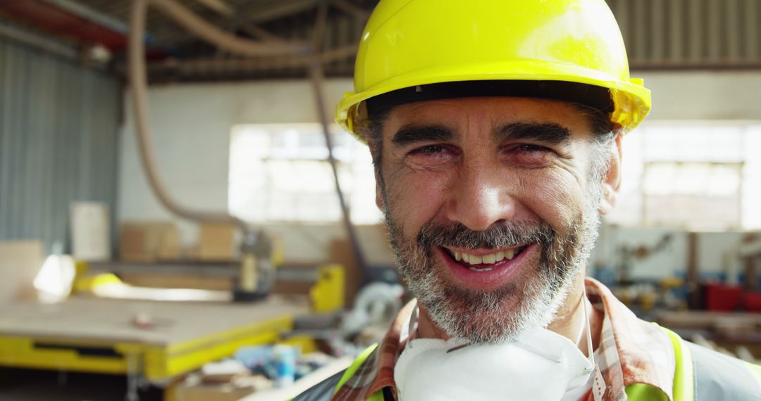 Smiling Carpenter in Workshop Wearing Protective Gear - Free Images, Stock Photos and Pictures on Pikwizard.com