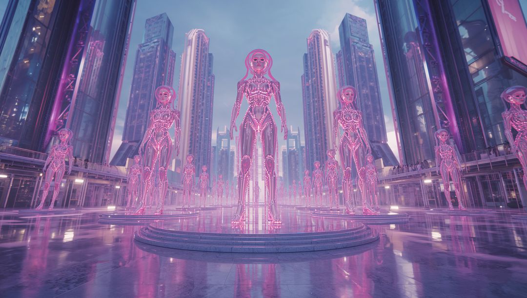 Futuristic Androids in Neon Holographic Urban Plaza