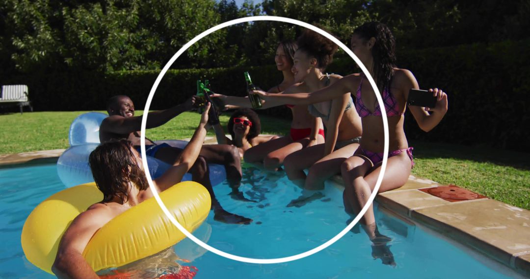 Backyard pool party friends clinking bottles lounging on pool edge with inflatable ring