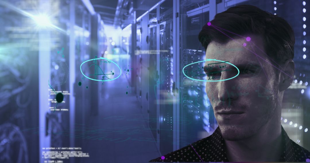 Man in Data Center with Futuristic Digital Overlay