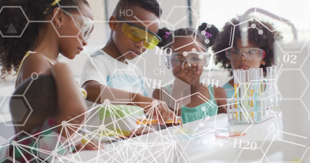 Diverse Schoolchildren Engaged in Chemistry Class with Molecular Diagrams