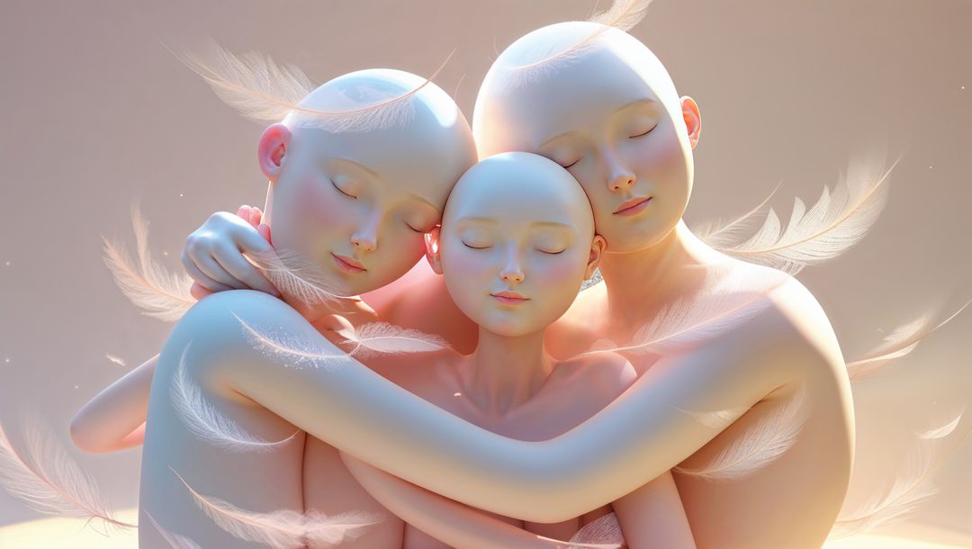 Ethereal Trio Hugging in Dreamy Feathered Atmosphere