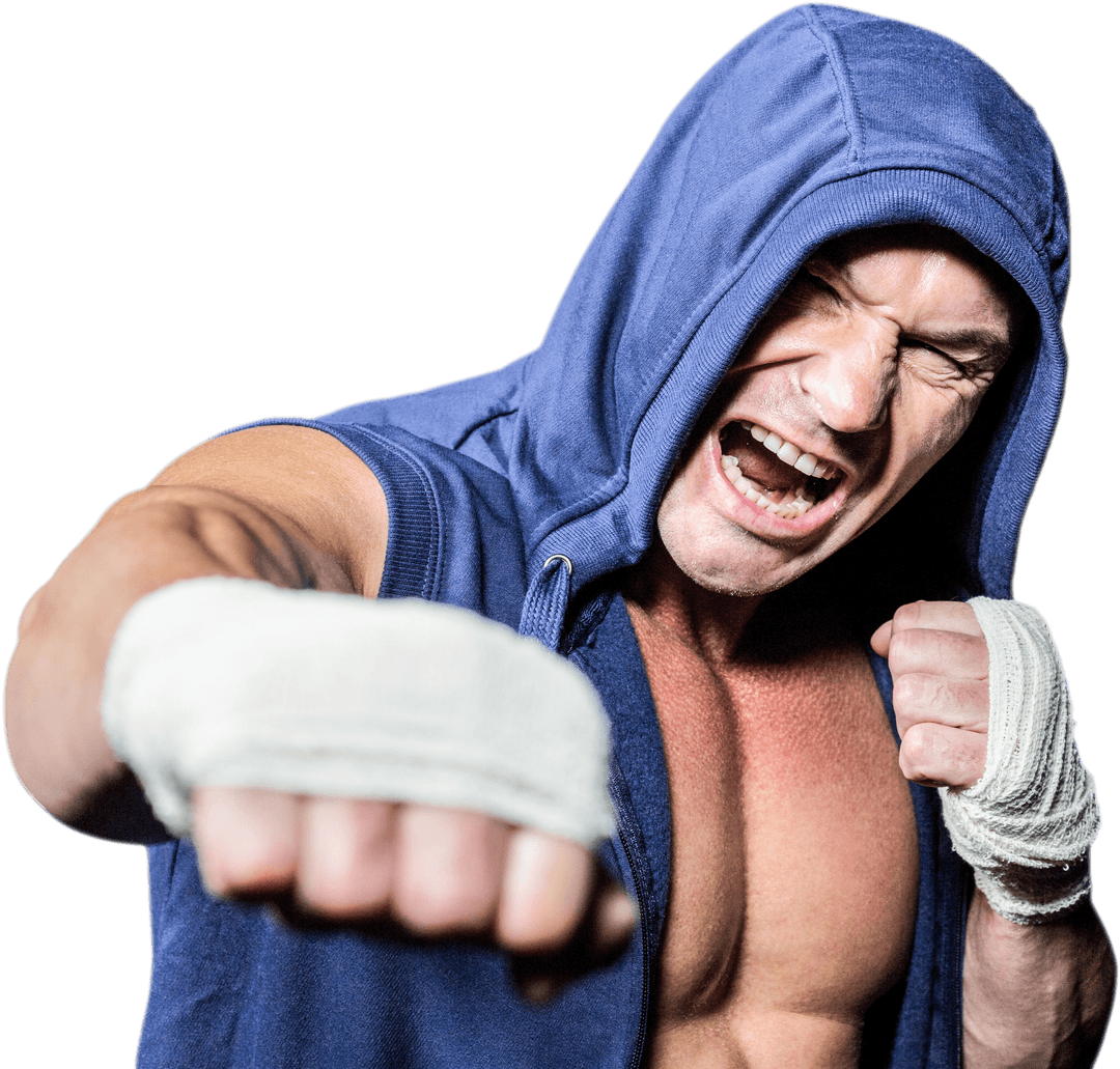 Transparent Aggressive Fighter Punching Forcefully in Hoodie