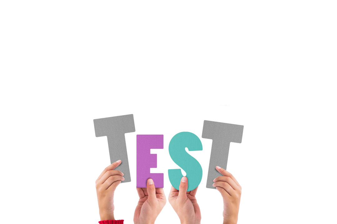 Hands Holding Colorful TEST Letters on Transparent Background