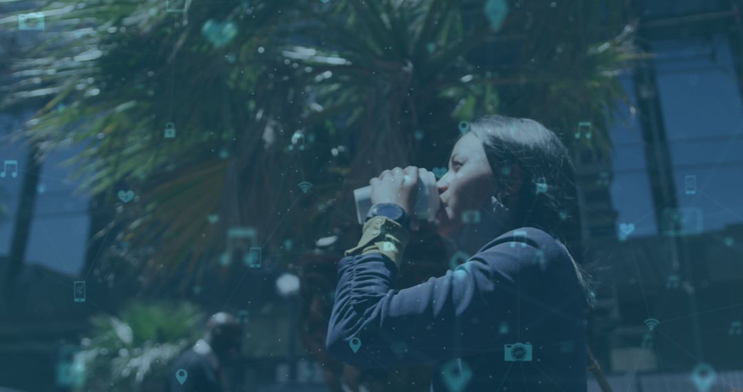 Woman Drinking Coffee with Digital Network Overlay Street Style