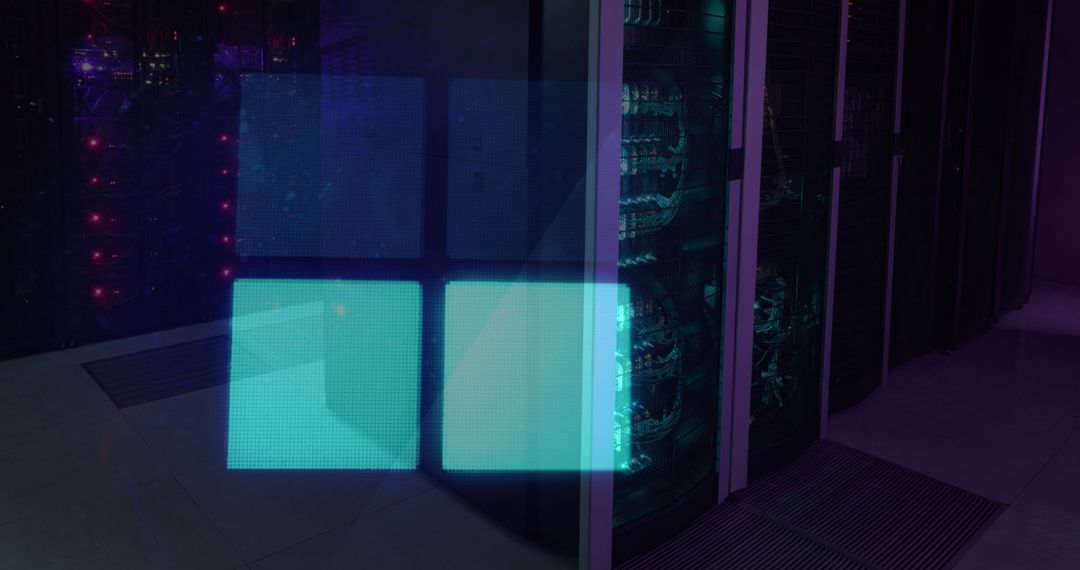 Glowing Squares Overlaying Modern Data Center Servers