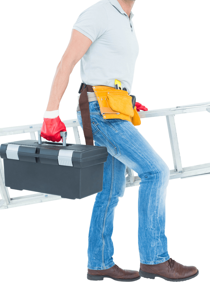 Worker Carrying Ladder and Toolbox on White Background Transparent